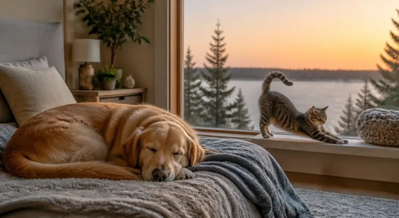 Dog resting during the day while a cat wakes near a dawn or dusk window
