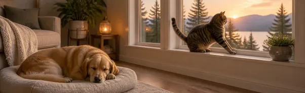 Dog resting during the day while a cat wakes near a dawn or dusk window