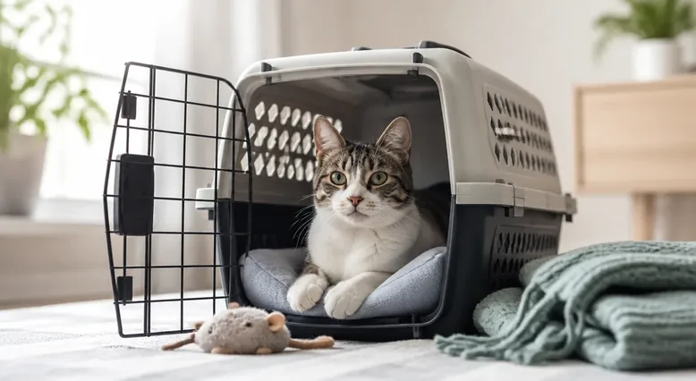 Cat resting calmly in an open carrier with familiar bedding at home