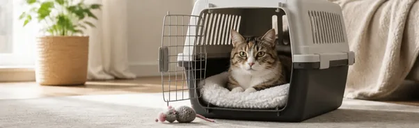 Cat resting calmly in an open carrier with familiar bedding at home