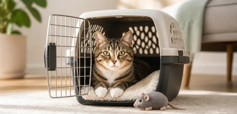 Cat resting calmly in an open carrier with familiar bedding at home
