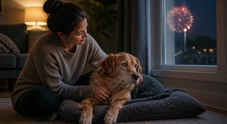 Dog showing fear during fireworks while resting beside its owner