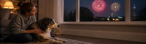 Dog showing fear during fireworks while resting beside its owner