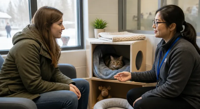 Adopter speaking with shelter staff about a shy dog in a quiet adoption room