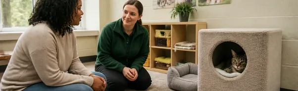 Adopter speaking with shelter staff about a shy dog in a quiet adoption room