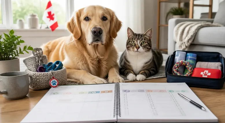 Pet care calendar checklist with a dog and cat beside a planner