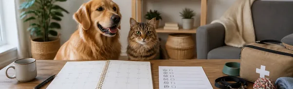 Pet care calendar checklist with a dog and cat beside a planner