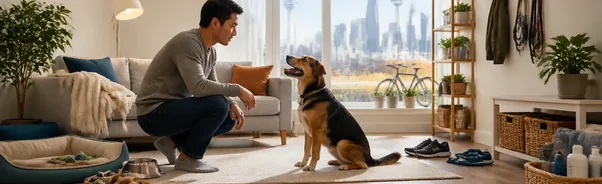 Person considering a dog’s activity level and temperament in an apartment living room