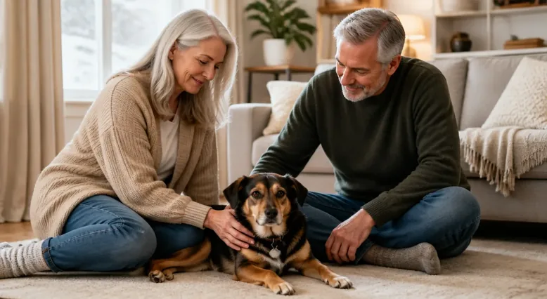 Person calmly interacting with a pet in a quiet home