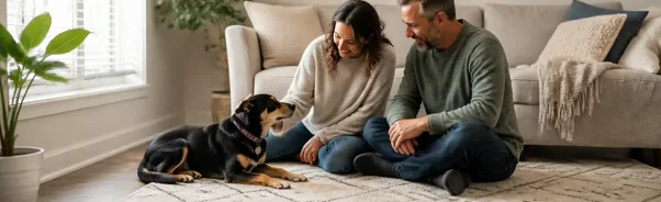 Person calmly interacting with a pet in a quiet home