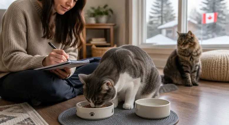 Cat owner recording food intake and feeding conditions in a cat feeding observation log