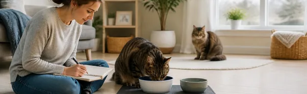 Cat owner recording food intake and feeding conditions in a cat feeding observation log