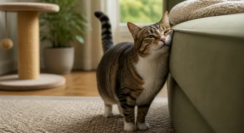 Cat rubbing its face against a household object as part of scent communication
