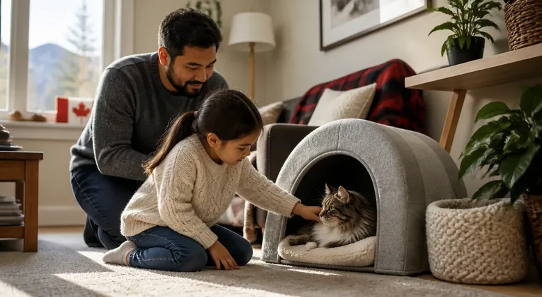 Parent and child gently interacting with a companion animal in a supervised home setting