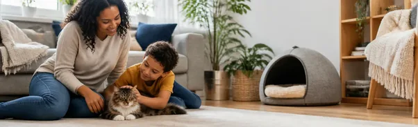 Parent and child gently interacting with a companion animal in a supervised home setting