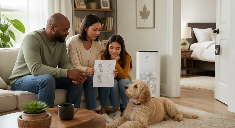 Family discussing pet adoption and allergy planning with a dog at home
