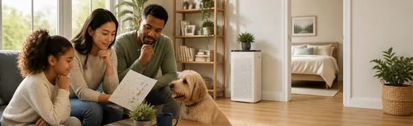 Family discussing pet adoption and allergy planning with a dog at home