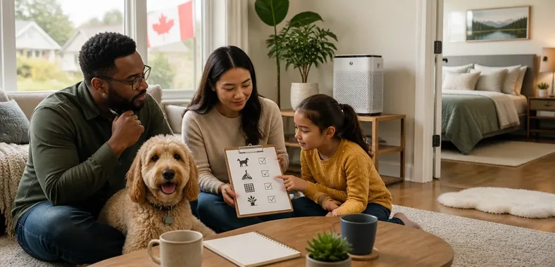 Family discussing pet adoption and allergy planning with a dog at home