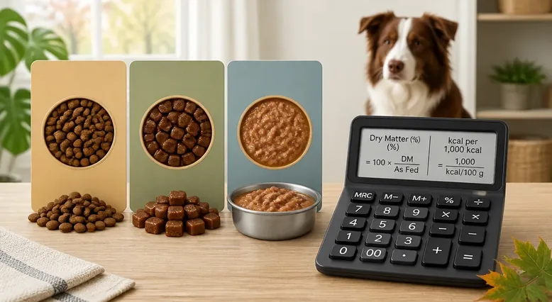 Pet food labels showing moisture, nutrient percentages, and energy density information