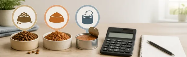 Pet food labels showing moisture, nutrient percentages, and energy density information