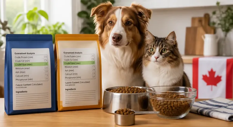 Dog and cat food labels beside a bowl, illustrating comparison of fibre information