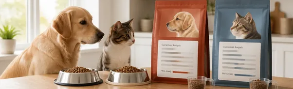 Dog and cat food labels beside a bowl, illustrating comparison of fibre information