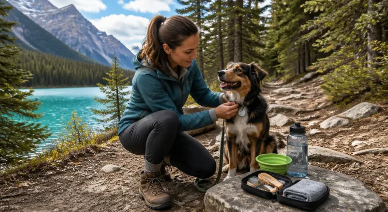 Dog on a Canadian hiking trail with its owner carrying water and a collapsible bowl