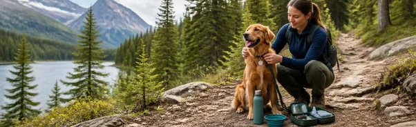 Dog on a Canadian hiking trail with its owner carrying water and a collapsible bowl