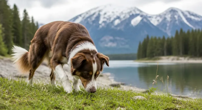 Dog sniffing grass outdoors