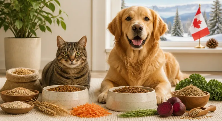 Dog and cat beside bowls of pet food illustrating different dietary fibre sources