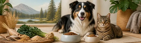 Dog and cat beside bowls of pet food illustrating different dietary fibre sources