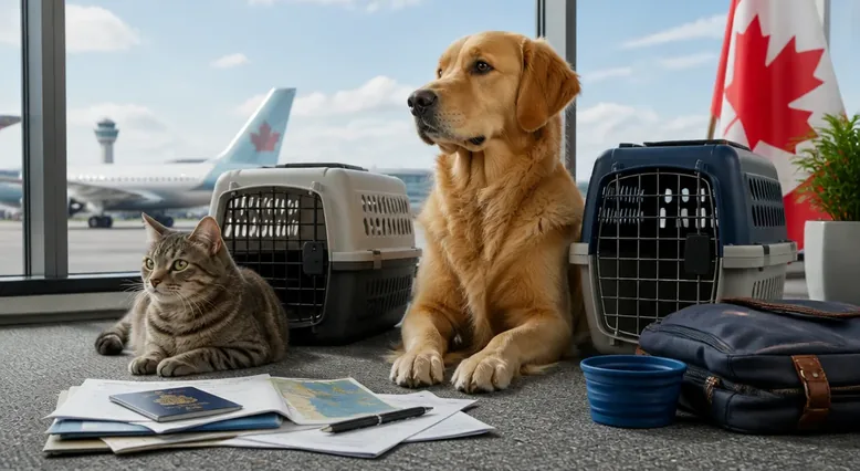 Dog and cat travel carriers prepared for an airport journey from Canada