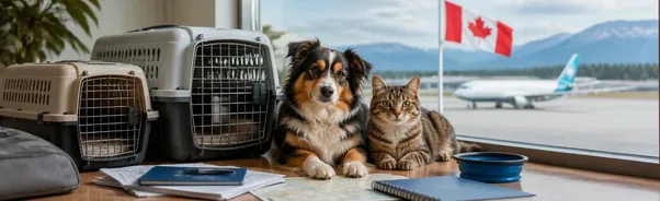 Dog and cat travel carriers prepared for an airport journey from Canada