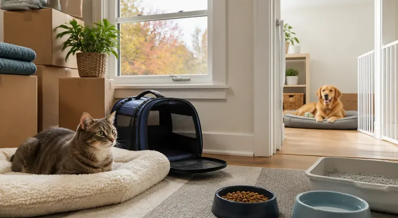 Cat and dog settling in separate quiet areas of a new home after a move