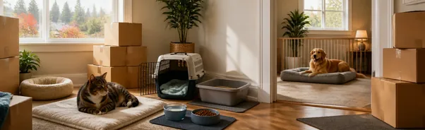 Cat and dog settling in separate quiet areas of a new home after a move