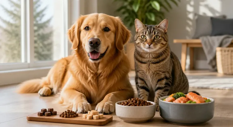 Dog and cat beside measured pet treats and complete and balanced food bowls