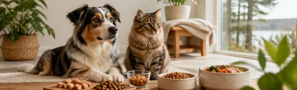 Dog and cat beside measured pet treats and complete and balanced food bowls