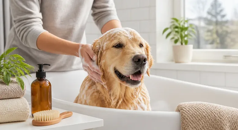 Dog being gently bathed at home with dog-formulated shampoo