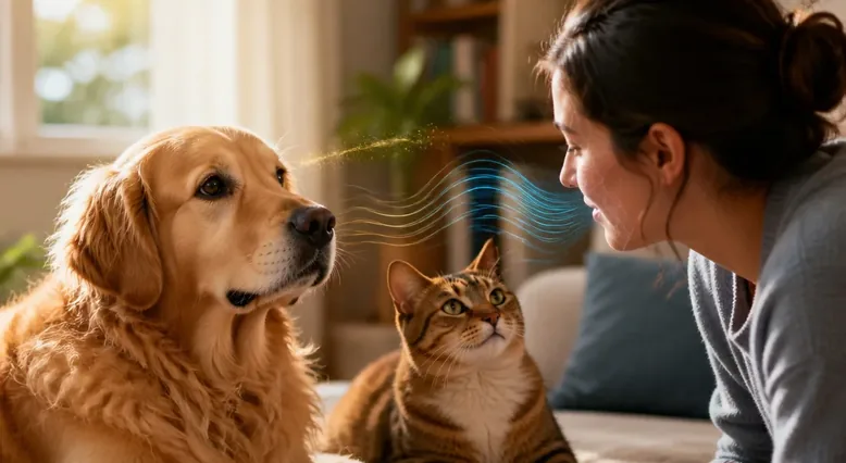 Dog and cat looking toward a familiar person during an evidence-based discussion of pet recognition