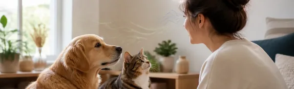 Dog and cat looking toward a familiar person during an evidence-based discussion of pet recognition