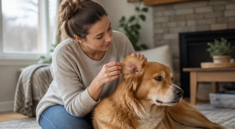 Person gently looking at a relaxed dog’s outer ear during a home check