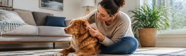 Person gently looking at a relaxed dog’s outer ear during a home check