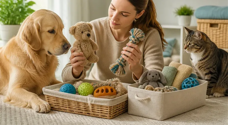 Clean and dry dog and cat toys arranged for inspection and rotation