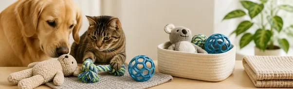 Clean and dry dog and cat toys arranged for inspection and rotation