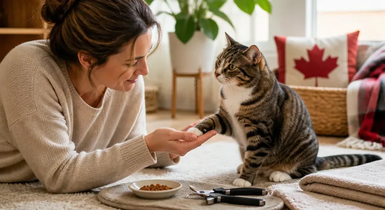 Cat calmly participating in gradual paw handling practice for nail trimming