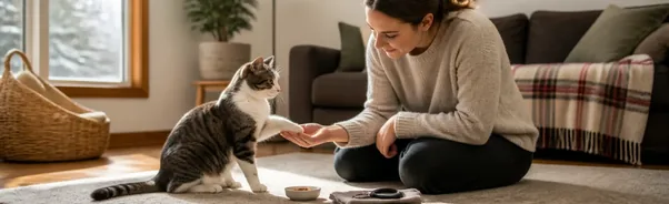 Cat calmly participating in gradual paw handling practice for nail trimming