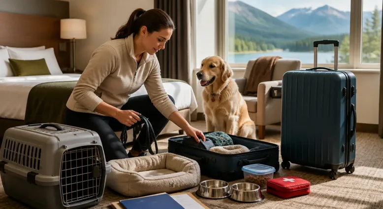 Pet owner preparing a dog with a travel bag and carrier for a hotel stay