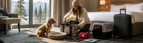 Pet owner preparing a dog with a travel bag and carrier for a hotel stay