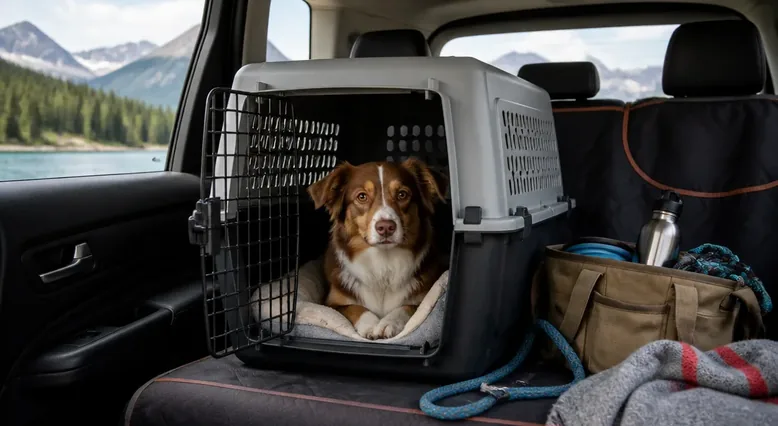 Dog safely contained in the back seat during a long car journey