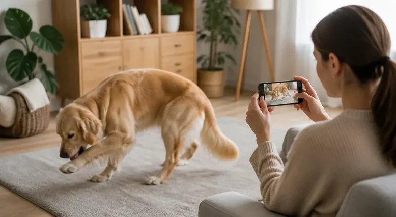 Pet owner safely recording a naturally occurring pet symptom for a veterinary appointment
